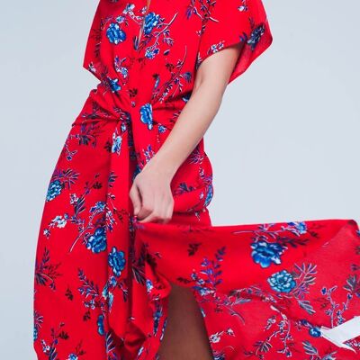 Robe mi-longue rouge nouée sur le devant à imprimé floral