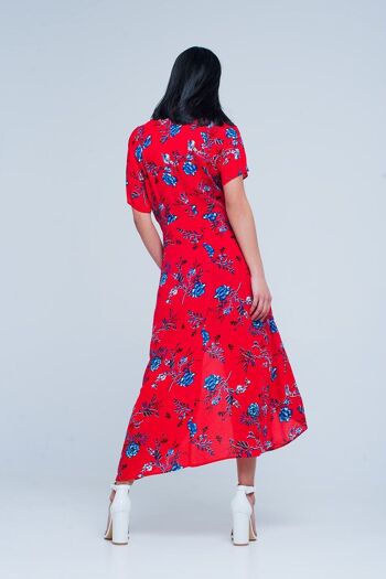 Robe mi-longue rouge nouée sur le devant à imprimé floral 3