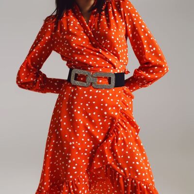 red wrap dress with polka dot print