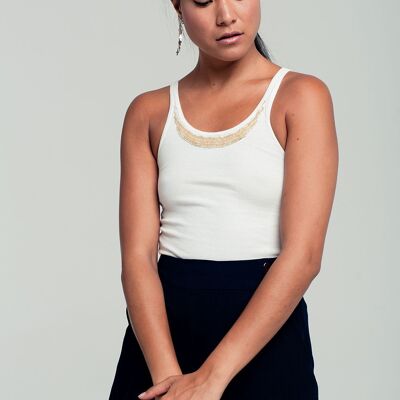 Ribbed tank top in white with beaded detailing
