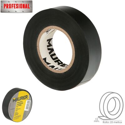 Insulating Tape, PVC, Professional, 25 meters x 15 mm.  x 0.13mm thickness.  Color Black.