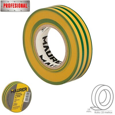 Insulating Tape, PVC, Professional, 25 meters x 19 mm.  x 0.13mm thickness. Color Yellow / Green