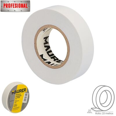 Insulating Tape, PVC, Professional, 25 meters x 25 mm.  x 0.13mm thickness. Color White