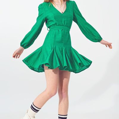 Ruffle V Neck Dress in Green