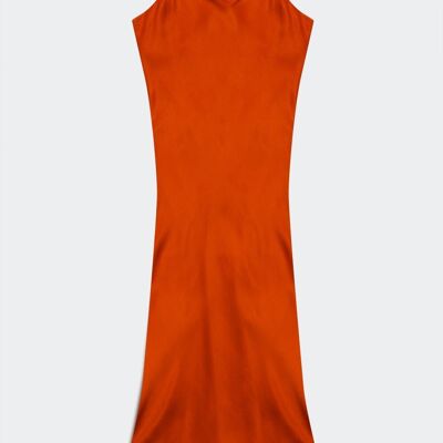 Vestido largo de tirantes de satén con cuello desbocado en naranja