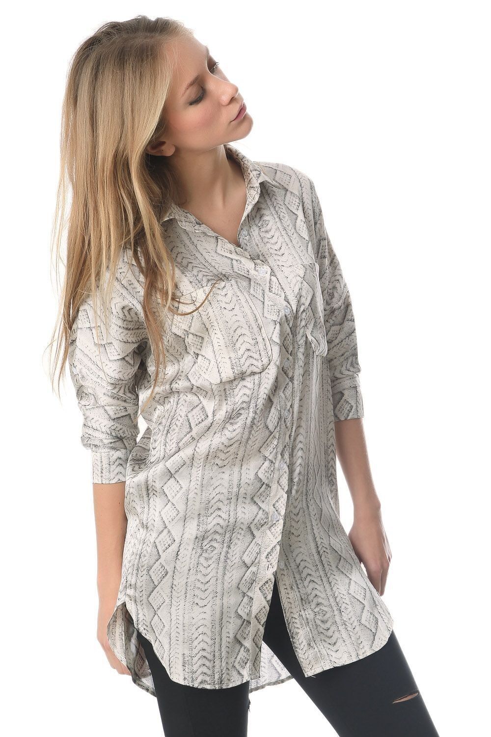 Satin longline shirt in grey abstract print