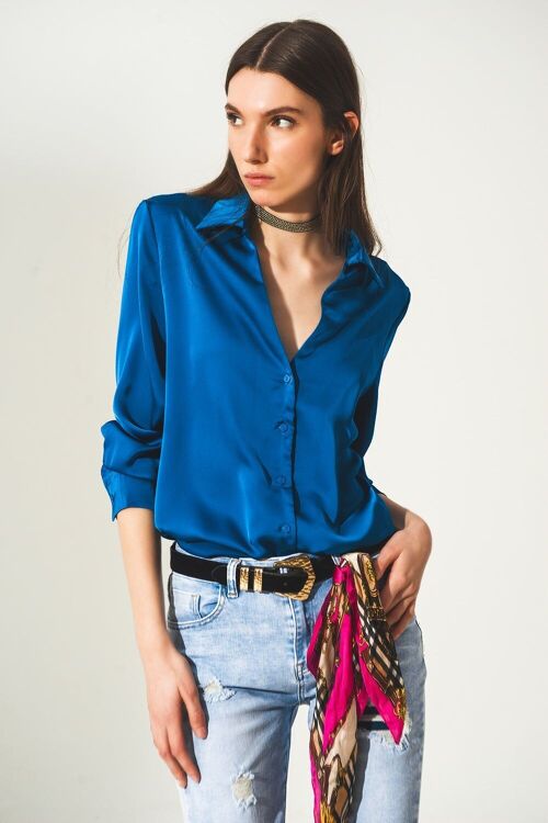 Satin shirt with v neck in electric blue