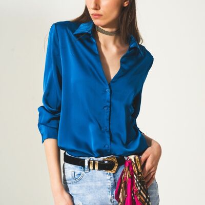 Satin shirt with v neck in electric blue
