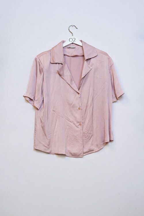 Satin Short Sleeve Shirt With Smoking Lapels in Dusty Pink
