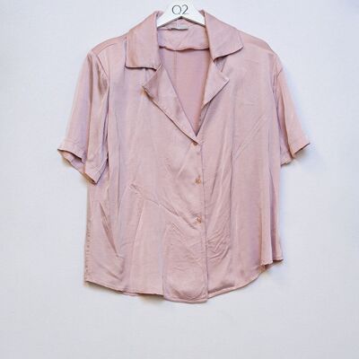 Satin Short Sleeve Shirt With Smoking Lapels in Dusty Pink