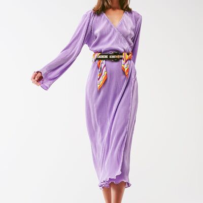 Satin Wrap Detail Pleated Dress in lilac