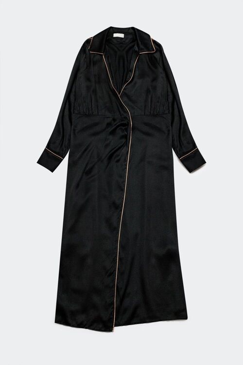 Satin wrap front maxi dress in black satin