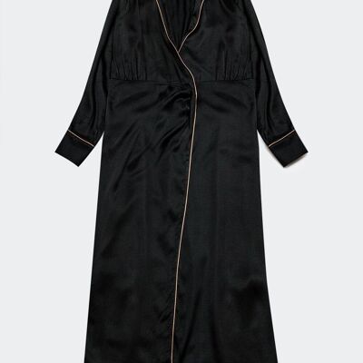 Satin wrap front maxi dress in black satin