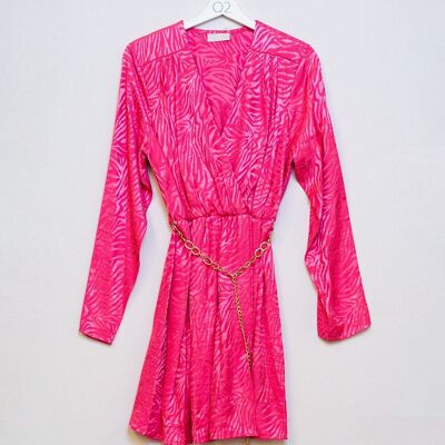 Satin Zebra Print Wrap Dress in Fuchsia