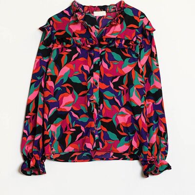 Shirt With Frilly Details at Neck and Cuffs in Colorful Abstract Leaf Print