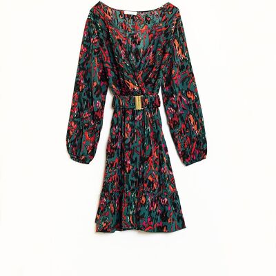 Short dark green dress with abstract print and belt