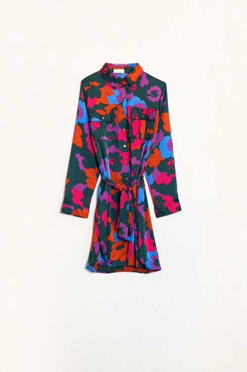 Short Shirt Dress With Chest Pockets and Belt in Colorful Floral Print