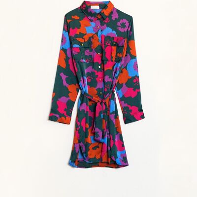 Short Shirt Dress With Chest Pockets and Belt in Colorful Floral Print