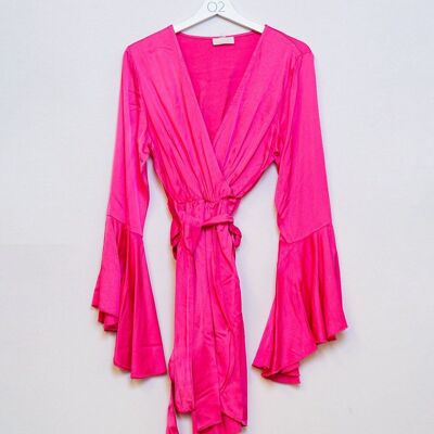 Short Wrap Dress With Bell Sleeves in Fuchsia