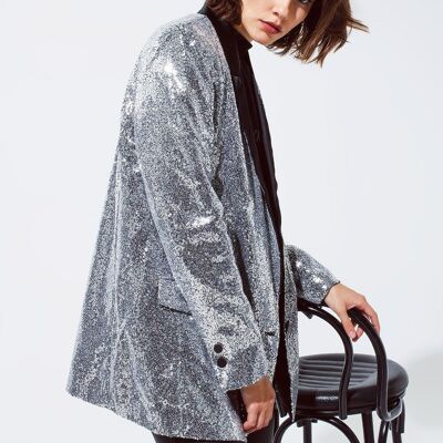 Silver Sequin tuxedo Blazer with Satin Black Lapels