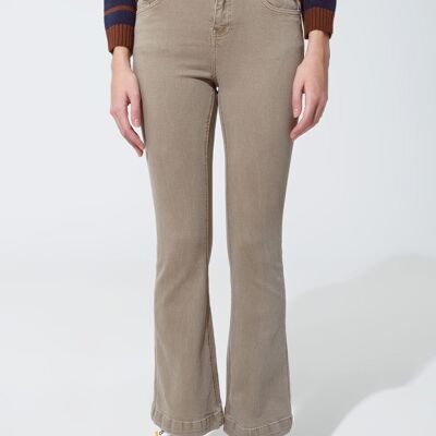 Skinny Flared Jeans With Double Button Detail in Beige