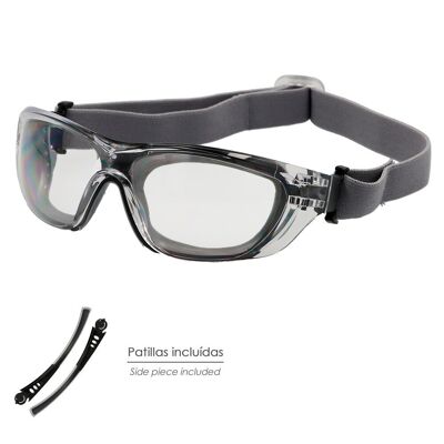 Gepolsterte Schutzbrille, transparente Gläser mit Bügeln oder elastischem Gummi.  EN/166 Gummierte Bügel