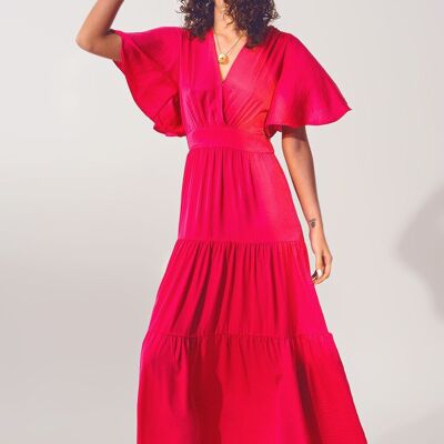 Smock V Neck Maxi Dress in fucsia