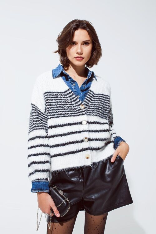 Soft and Fluffy White Cardigan With Black Stripes And Deep V neck