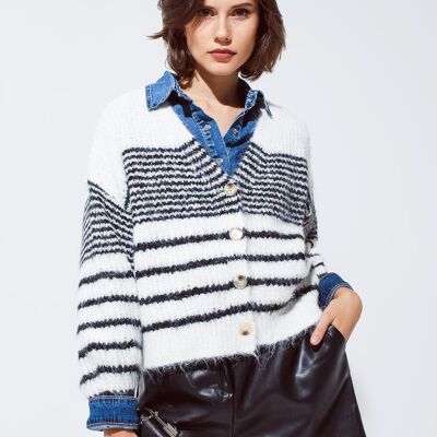 Soft and Fluffy White Cardigan With Black Stripes And Deep V neck