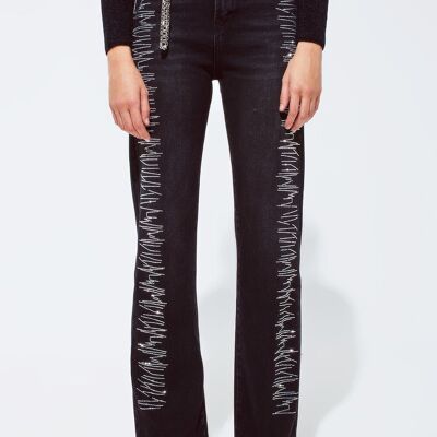 Jeans dritti di colore nero con dettagli in strass argento