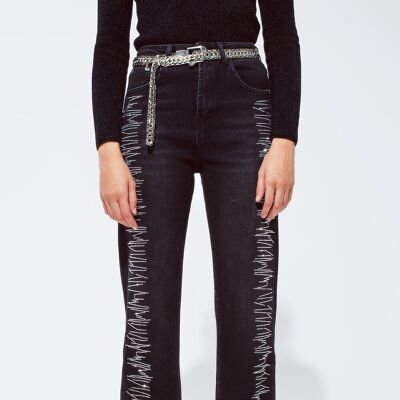 Jeans dritti di colore nero con dettagli in strass argento