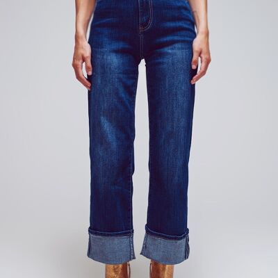 Straight Jeans with Folded Hem in Mid Blue Wash