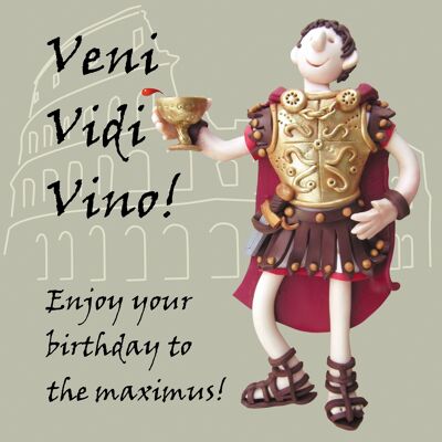 Tarjeta de cumpleaños histórica de Veni Vidi Vino Roman