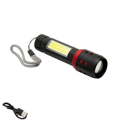 Metal Handheld LED Flashlight Rechargeable Battery (1.200 mAh) Front / Side Light Up to 300 Lumens 5 Watt. With Zoom Function