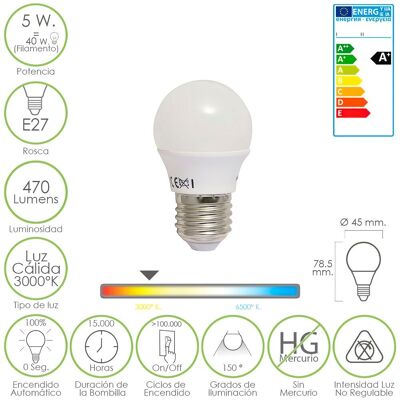 E27 5 W Spherical Led Bulb. -40W  470 lumens.  Warm light (3.000 Â°K).