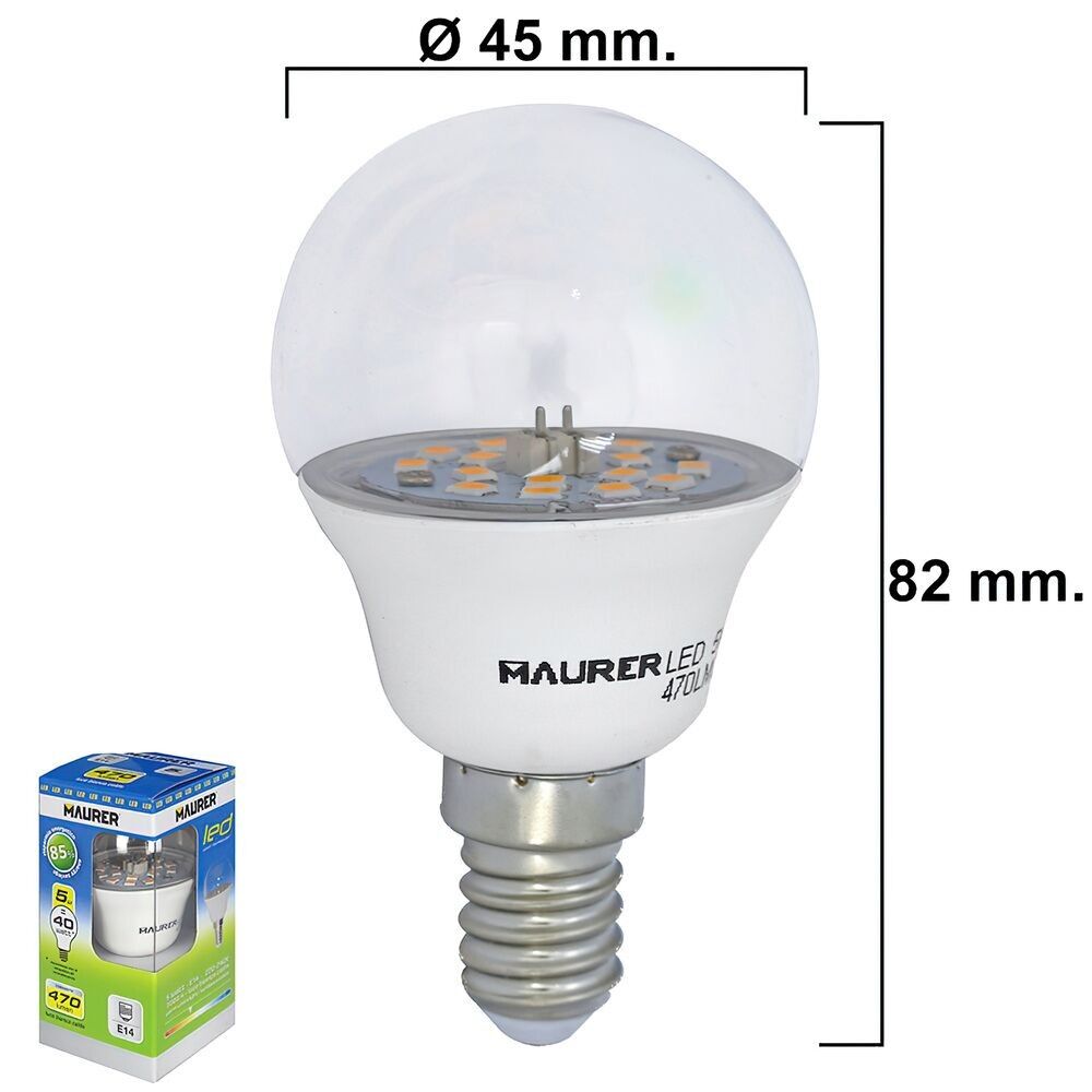 Lampadina LED Trasparente Sferica Filettatura E14 5 W.  40 W  470 lumen.  Luce calda. (3000°K).