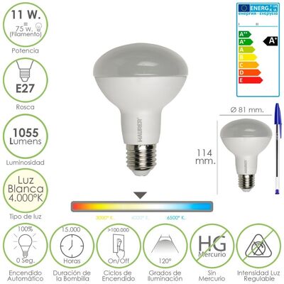 Standard Led Bulb E27 Thread (Fat) 11 Watt.  Equivalent to 75 Watt.  1055 Lumens.  White Light (4.000º K) A+