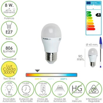 Ampoule LED E27 Mini Thread Globe (Fat). 8 watts. Équivalent à 60 watts. 806 Lumens. Lumière chaude (3000º K.) A+