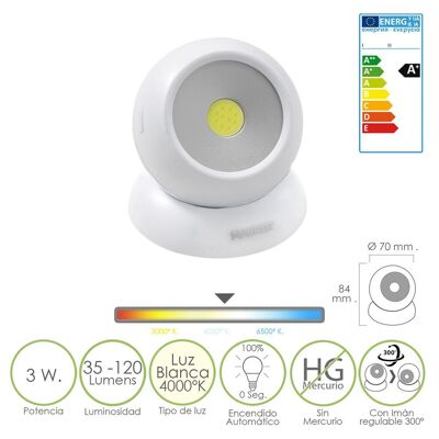 Torcia LED per armadio a sfera, a batteria (3 AAA), 120 lumen, regolabile a 300º, con magnete e adesivo.