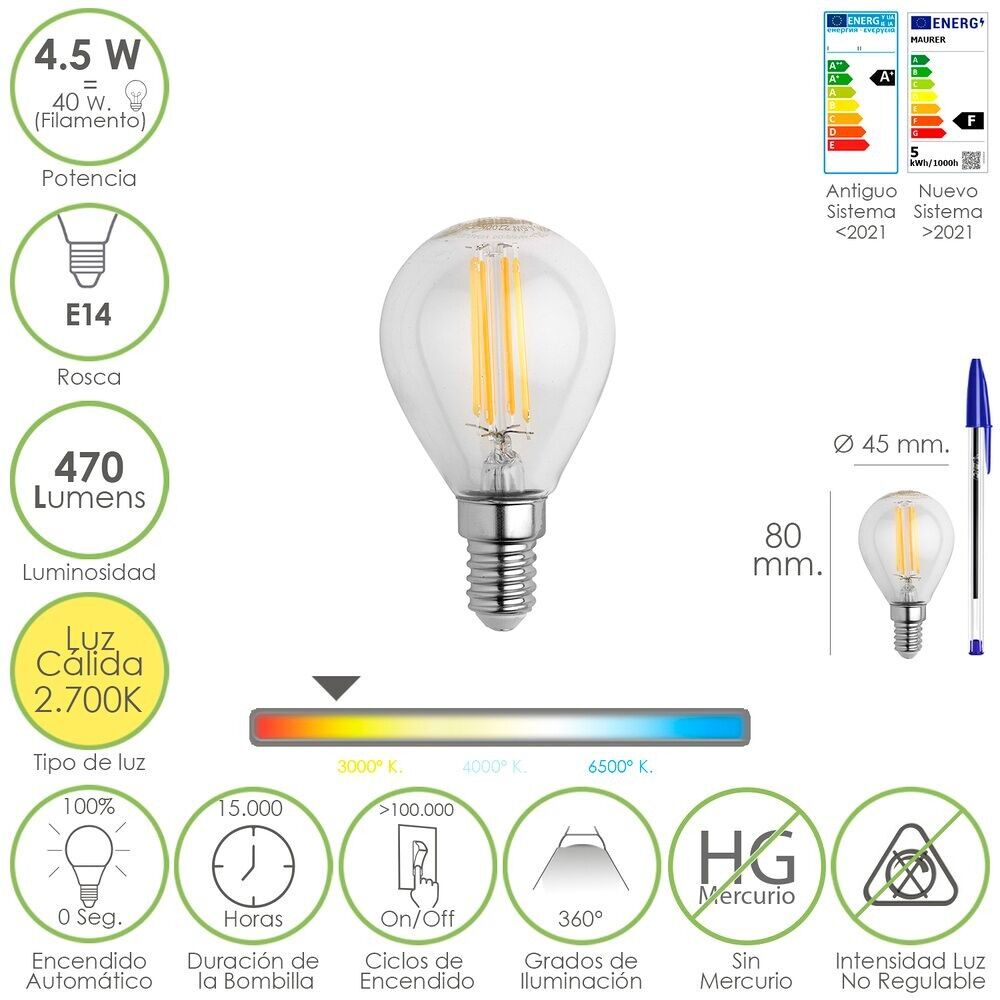Lampadina a LED con filamento sferico E14.  4, 5 Watt.  Equivalente a 40 Watt.  470 lumen.  Luce calda (2700º K.) 