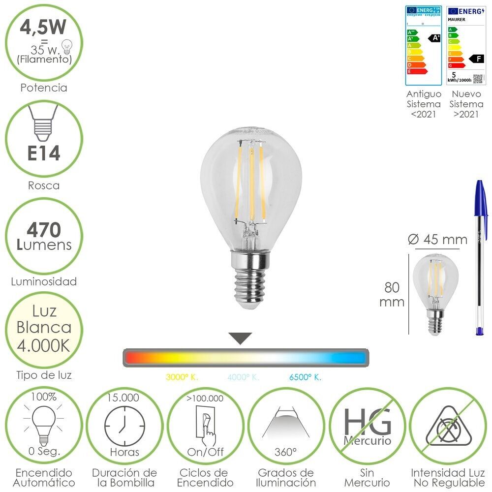 Lampadina a LED con filamento sferico E14.  4, 5 Watt.  Equivalente a 35 Watt.  470 lumen.  Luce neutra 4000º K.