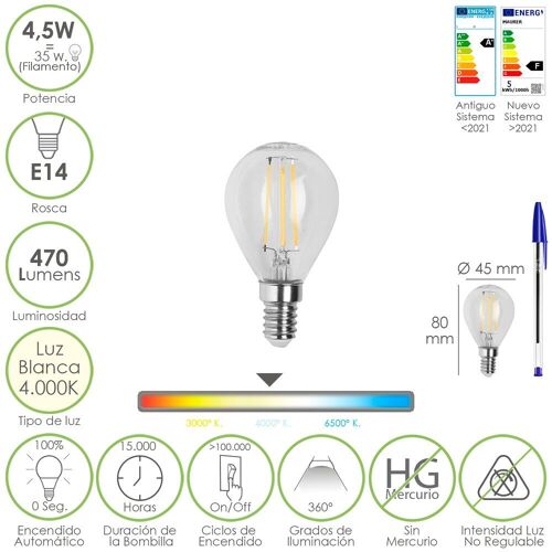 Bombilla Led Filamento Esfera Rosca E14. 4, 5 Watt. Equivale A 35 Watt. 470 Lumenes. Luz Neutra 4000º  K.