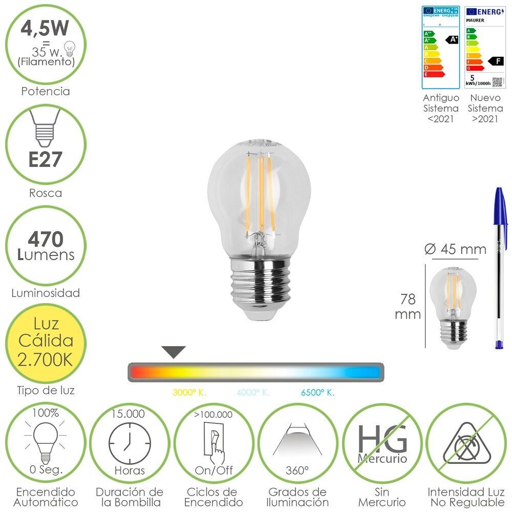 Lampadina LED a filamento sferico E27.  4, 5 Watt.  Equivalente a 35 Watt.  470 lumen.  Luce Calda 2700º K.