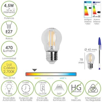 Ampoule LED à filament sphérique à filetage E27. 4, 5 watts. Équivalent à 35 watts. 470 Lumens. Lumière chaude 2700º K.