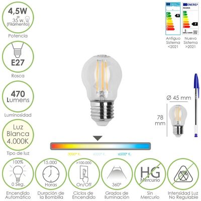 Lampadina LED a filamento sferico E27.  4, 5 Watt.  Equivalente a 35 Watt.  470 lumen.  Luce neutra 4000º K.