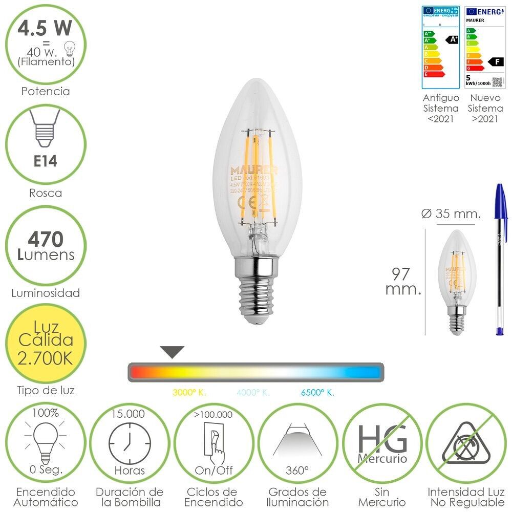 Lampadina a candela a filamento LED con filettatura E14.  4, 5 Watt.  Equivalente a 40 Watt.  470 lumen.  Luce calda (2700º K.) 