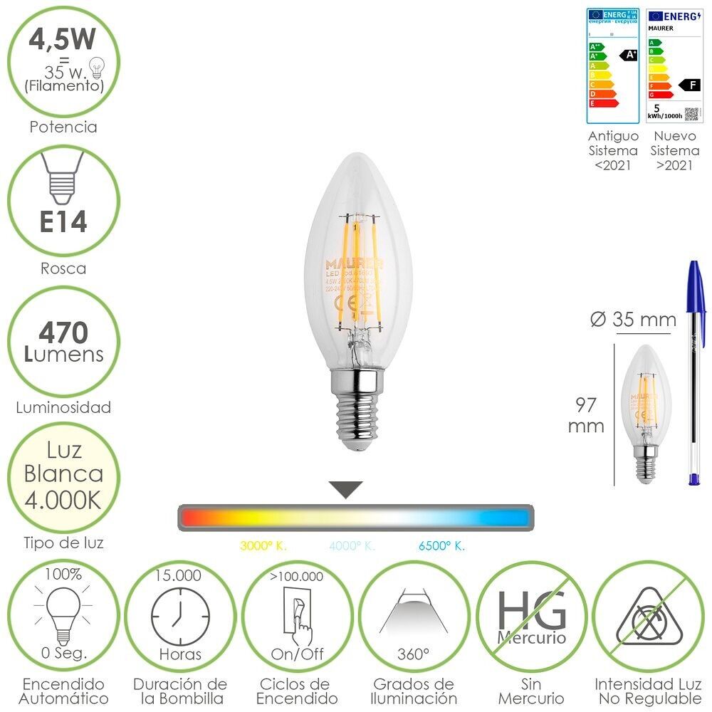 Lampadina a candela a filamento LED con filettatura E14.  4, 5 Watt.  Equivalente a 35 Watt.  470 lumen.  Luce neutra 4000º K.