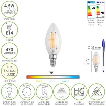 Ampoule bougie à filament LED filetage E14. 4, 5 watts. Équivalent à 35 watts. 470 Lumens. Lumière neutre 4000º K.