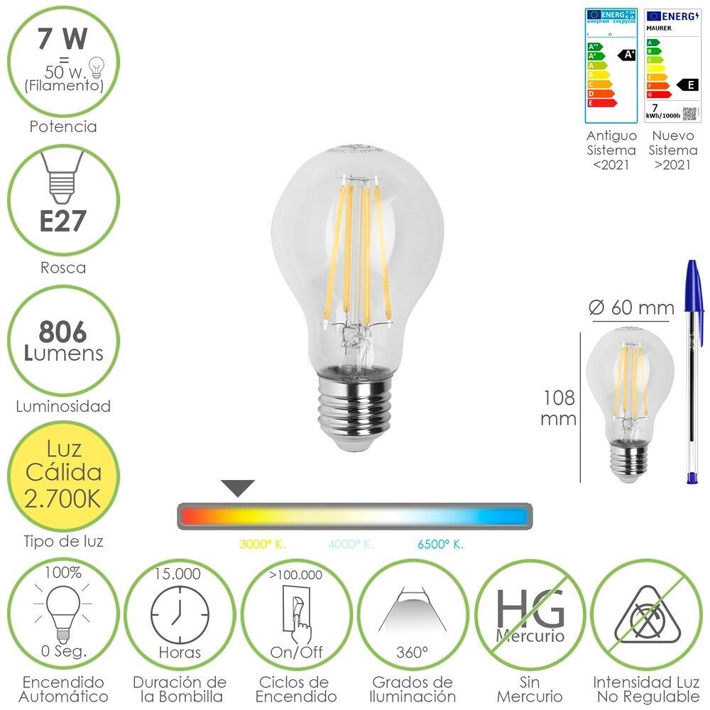 Lampadina Led a Filamento Standard Filettatura E27.  7 Watt.  Equivalente a 50 Watt.  806 lumen.  Luce Calda 2700º K.