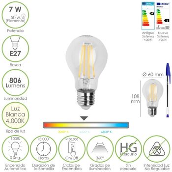 Ampoule LED à filament standard, filetage E27. 7 watts. Équivalent à 50 watts. 806 Lumens. Lumière neutre 4000º K.
